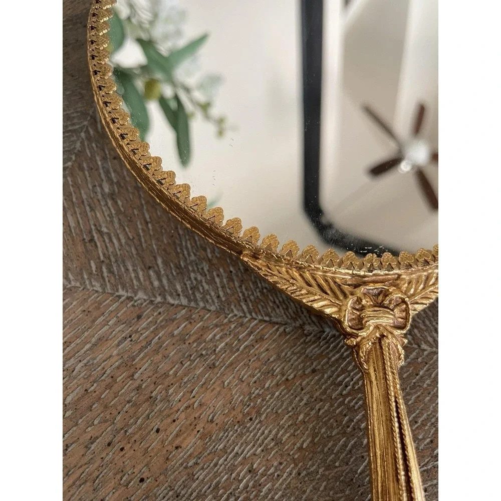 Vtg Matson Stylebuilt Hand Held Mirror 24 k Gold Tea Rose and Rope Tassel Design